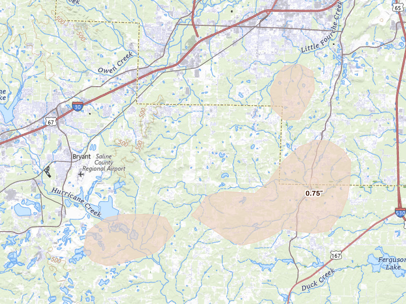 Radar-estimated hail-size map of the storm over Mabelvale, AR on Jul 14, 2026
