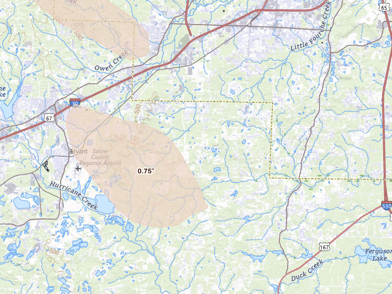 Radar-estimated hail-size map of the storm over Mabelvale, AR on Aug 23, 2026