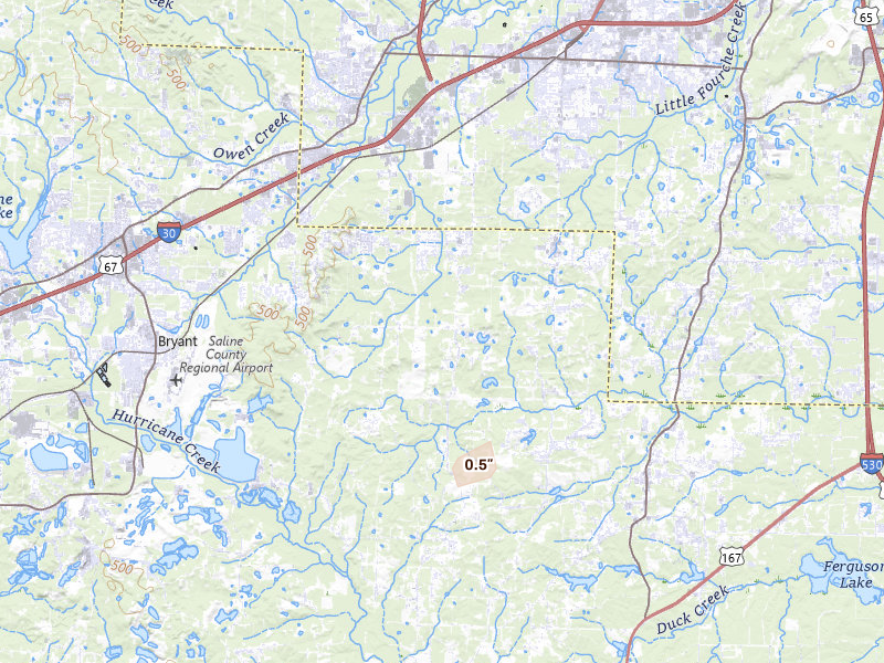 Radar-estimated hail-size map of the storm over Mabelvale, AR on Aug 24, 2026