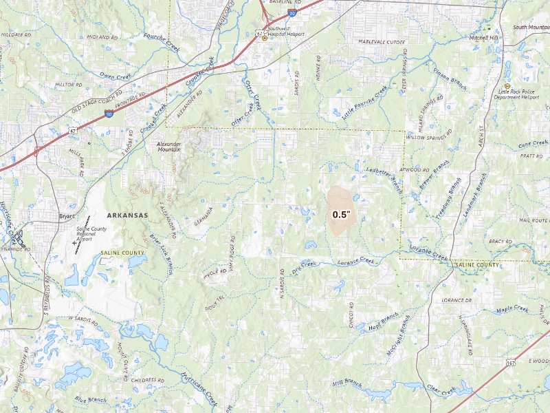 Radar-estimated hail-size map of the storm over Mabelvale, AR on Sep 12, 2026