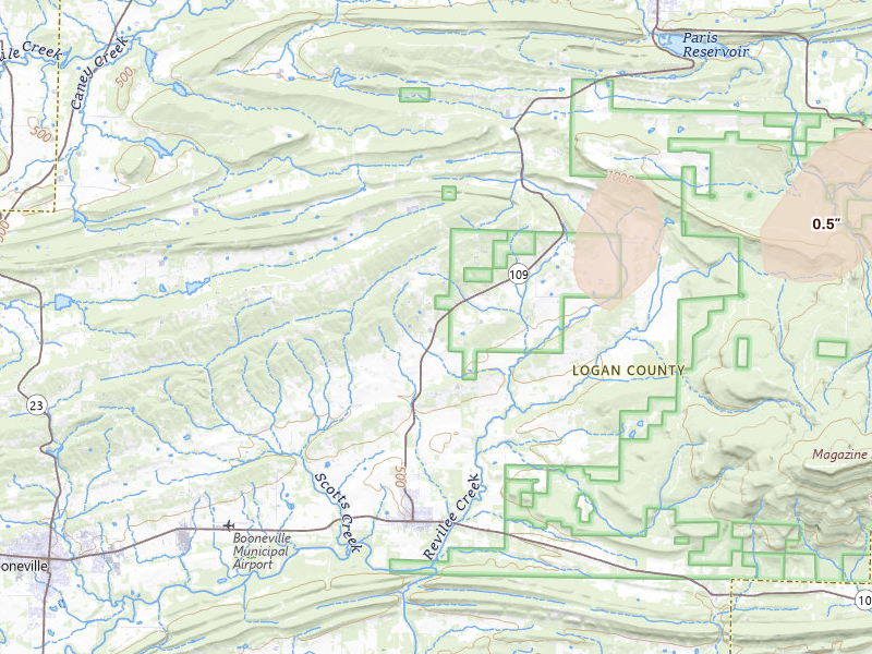 Radar-estimated hail-size map of the storm over Magazine, AR on Mar 6, 2026