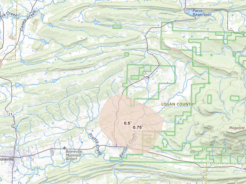 Radar-estimated hail-size map of the storm over Magazine, AR on Jul 29, 2026