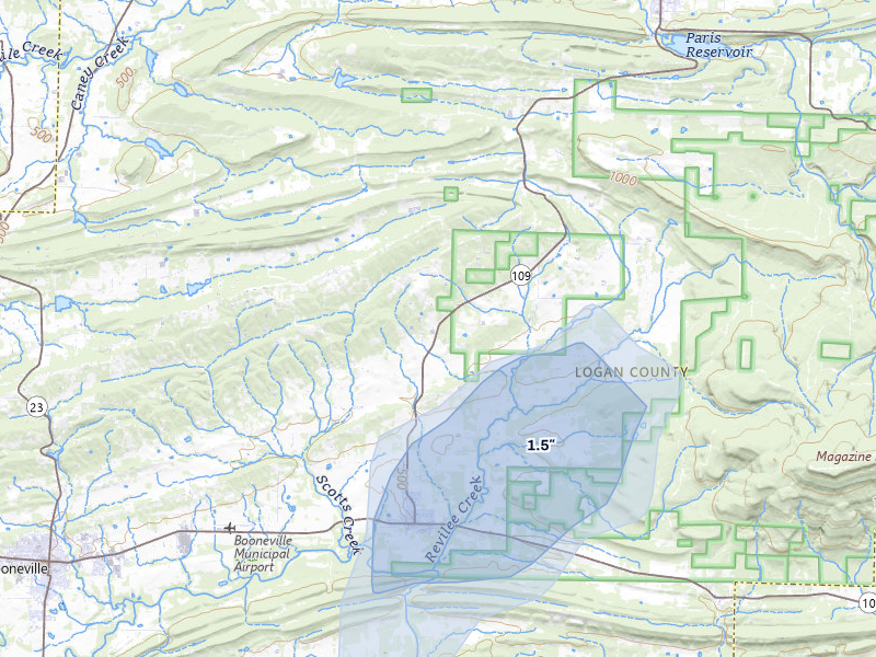 NEXRAD radar-signature map of the hail storm over Magazine, AR on Jul 29, 2026