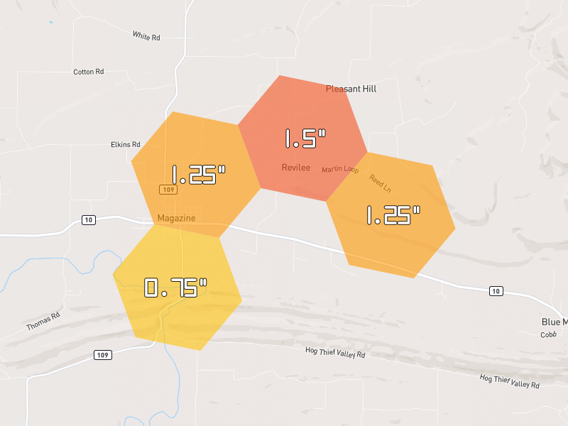 Hail map of Magazine, AR on Jul 29, 2026, hail up to 1.5"