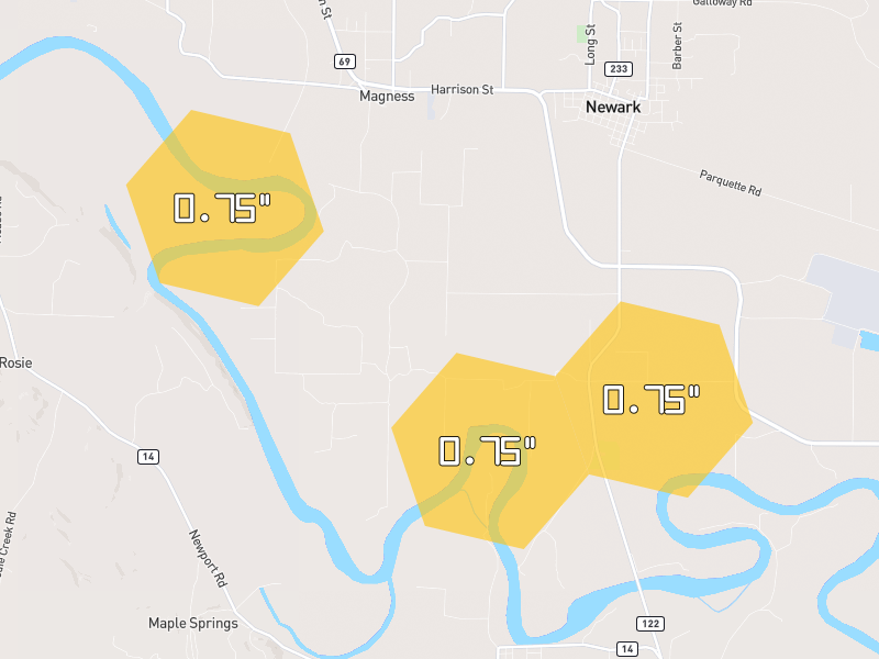 Hail map of Magness, AR on Jun 1, 2026, hail up to 0.75"