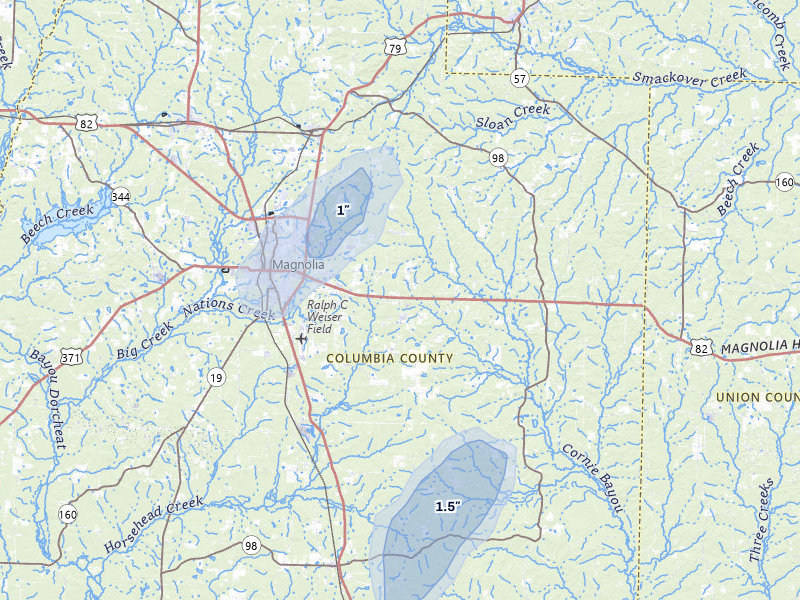 NEXRAD radar-signature map of the hail storm over Magnolia, AR on Mar 7, 2026