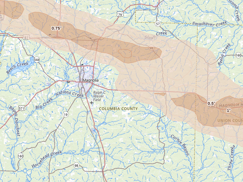 Radar-estimated hail-size map of the storm over Magnolia, AR on Mar 15, 2026