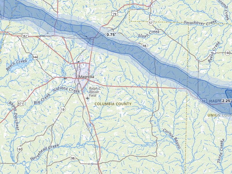 NEXRAD radar-signature map of the hail over Magnolia, AR