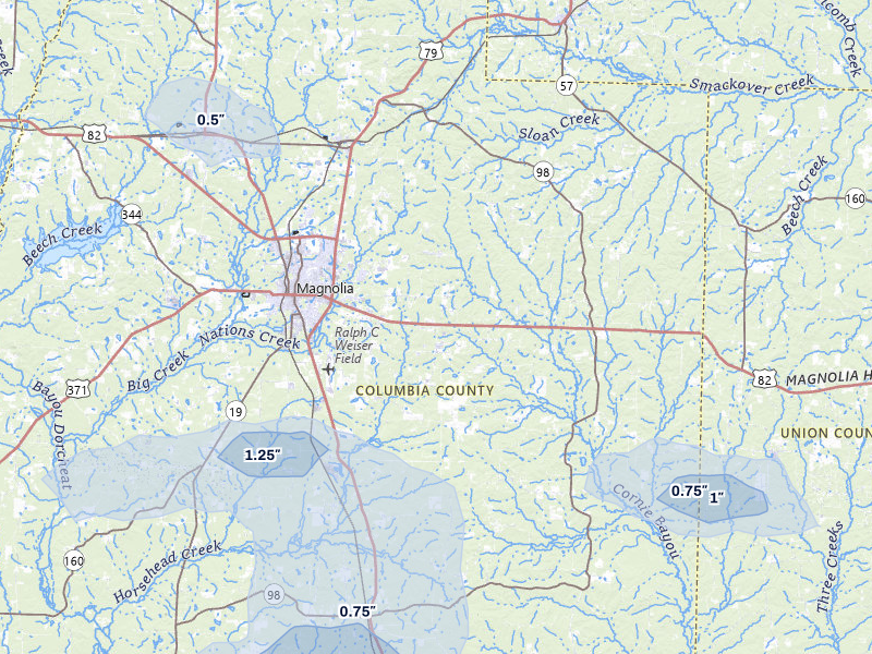 NEXRAD radar-signature map of the hail over Magnolia, AR