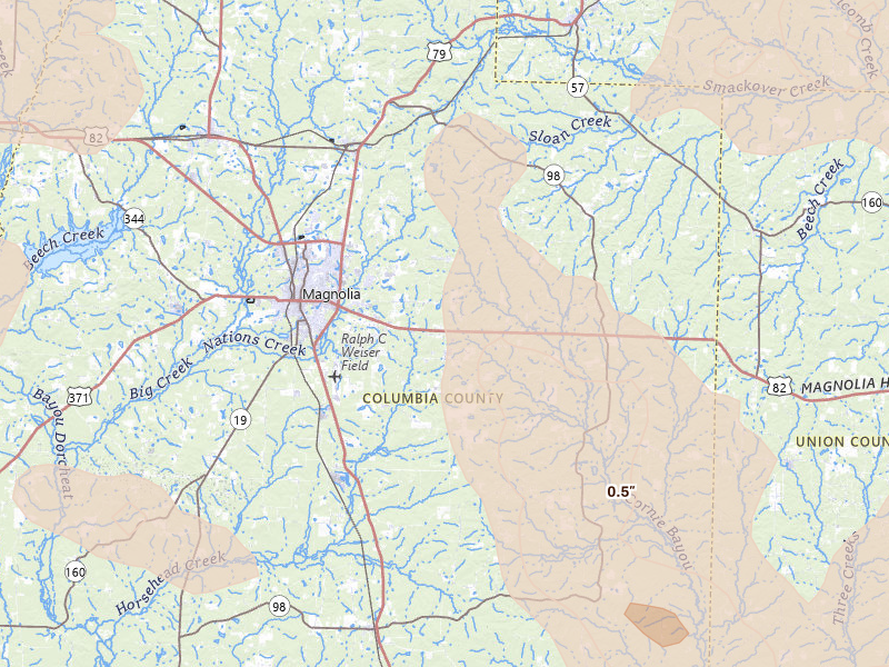 Radar-estimated hail-size map of the storm over Magnolia, AR on Apr 25, 2026