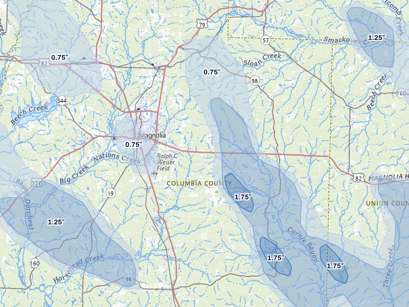 NEXRAD radar-signature map of the hail over Magnolia, AR
