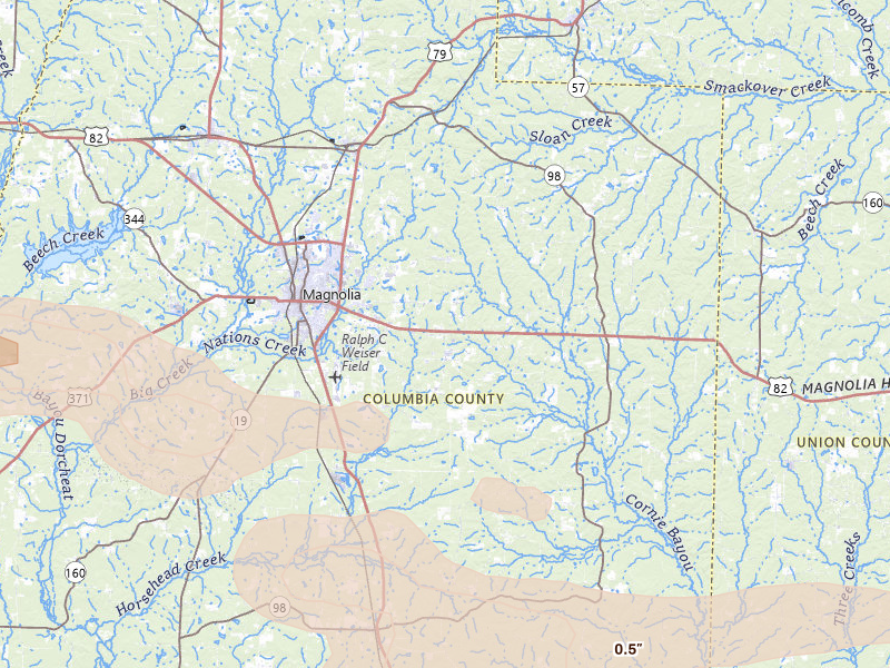 Radar-estimated hail-size map of the storm over Magnolia, AR on Apr 29, 2026