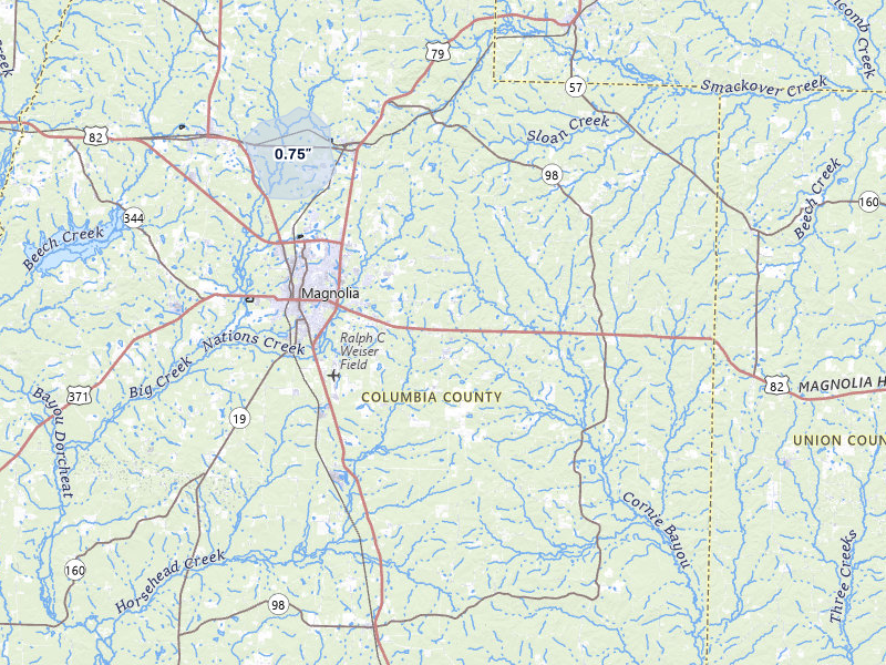 NEXRAD radar-signature map of the hail storm over Magnolia, AR on May 8, 2026
