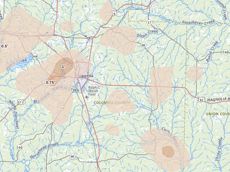 Radar-estimated hail-size map of the storm over Magnolia, AR on Jun 2, 2026