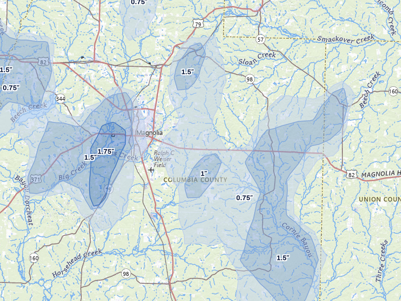 NEXRAD radar-signature map of the hail over Magnolia, AR