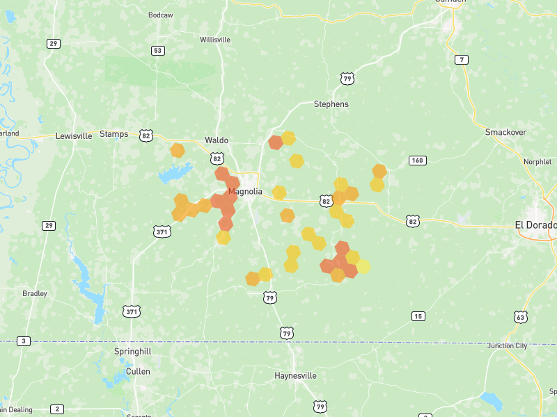 Hail map of Magnolia, AR on Jun 2, 2026, hail up to 1.75"
