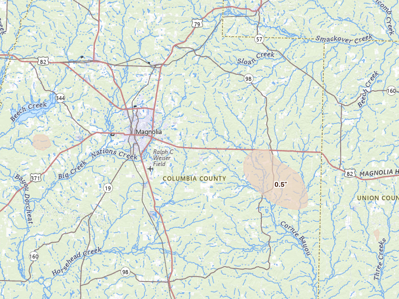 Radar-estimated hail-size map of the storm over Magnolia, AR on Jun 19, 2026