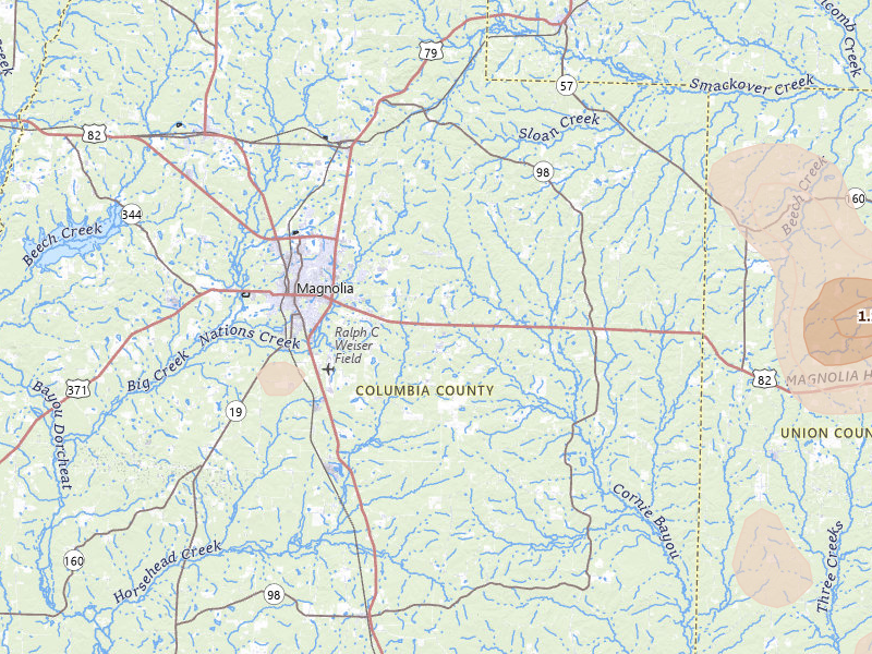 Radar-estimated hail-size map of the storm over Magnolia, AR on Jul 4, 2026