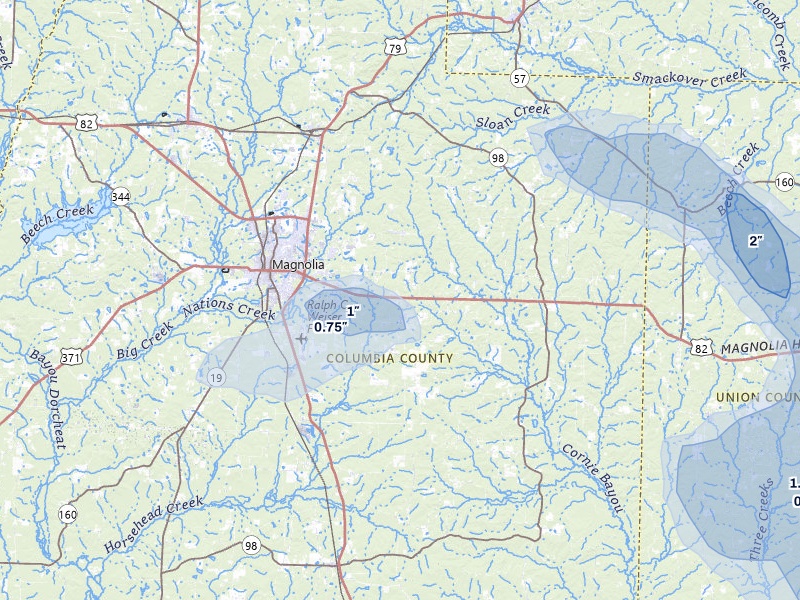 NEXRAD radar-signature map of the hail over Magnolia, AR