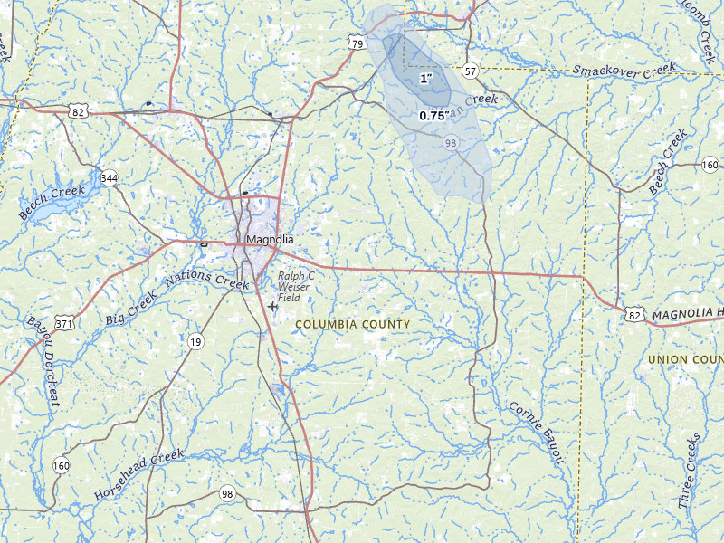NEXRAD radar-signature map of the hail storm over Magnolia, AR on Jul 12, 2026