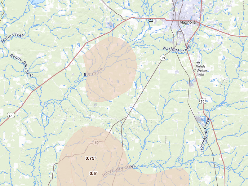 Radar-estimated hail-size map of the storm over Magnolia, AR
