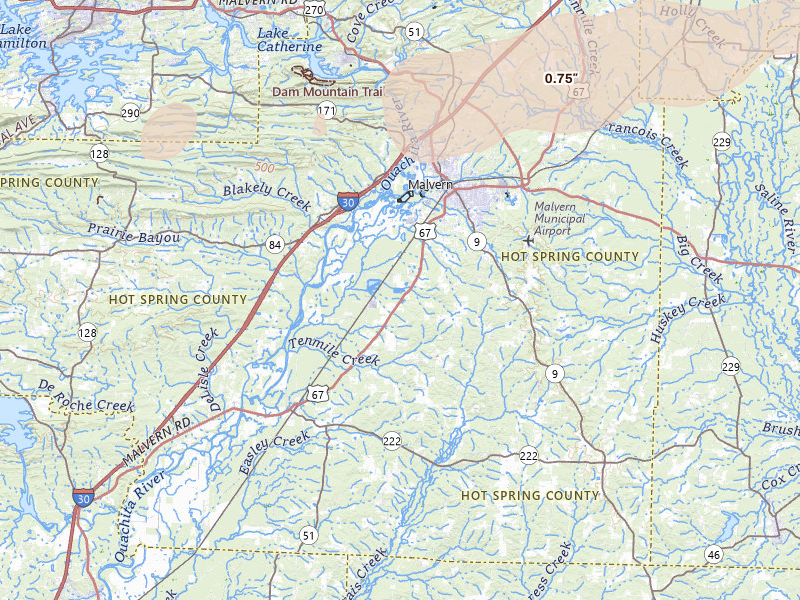 Radar-estimated hail-size map of the storm over Malvern, AR on Mar 15, 2026
