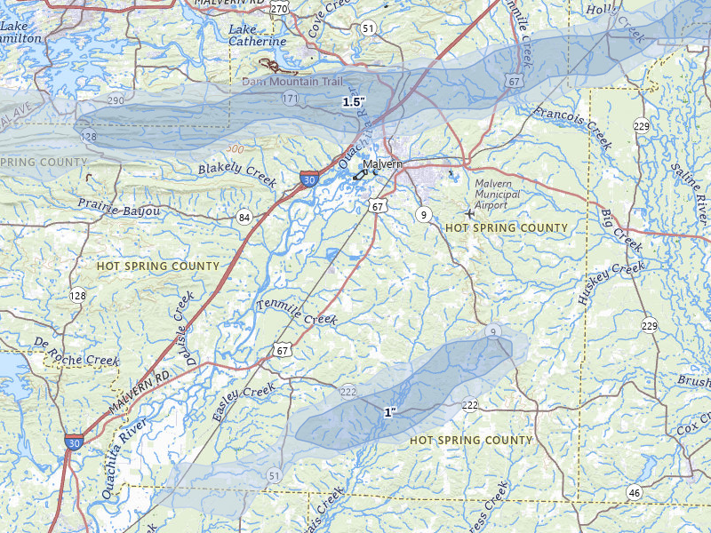 NEXRAD radar-signature map of the hail over Malvern, AR