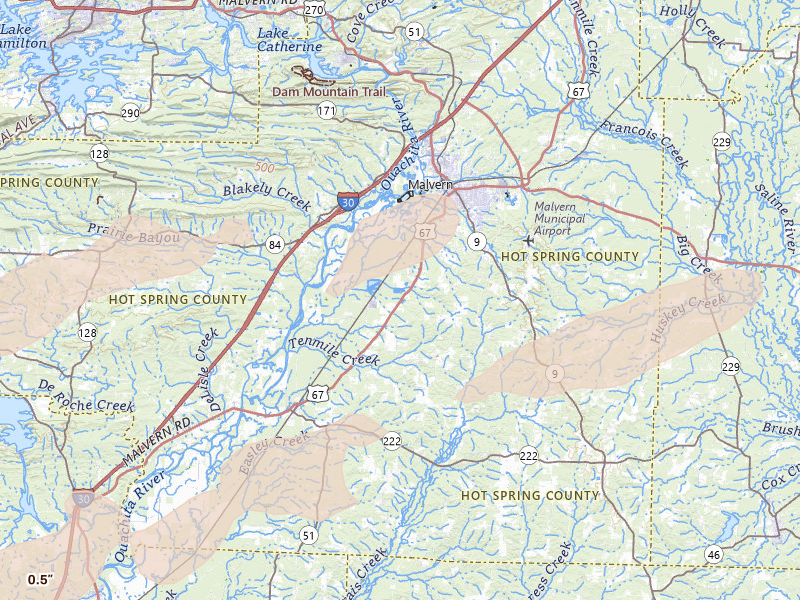 Radar-estimated hail-size map of the storm over Malvern, AR on Apr 28, 2026