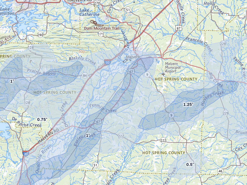 NEXRAD radar-signature map of the hail storm over Malvern, AR on Apr 28, 2026