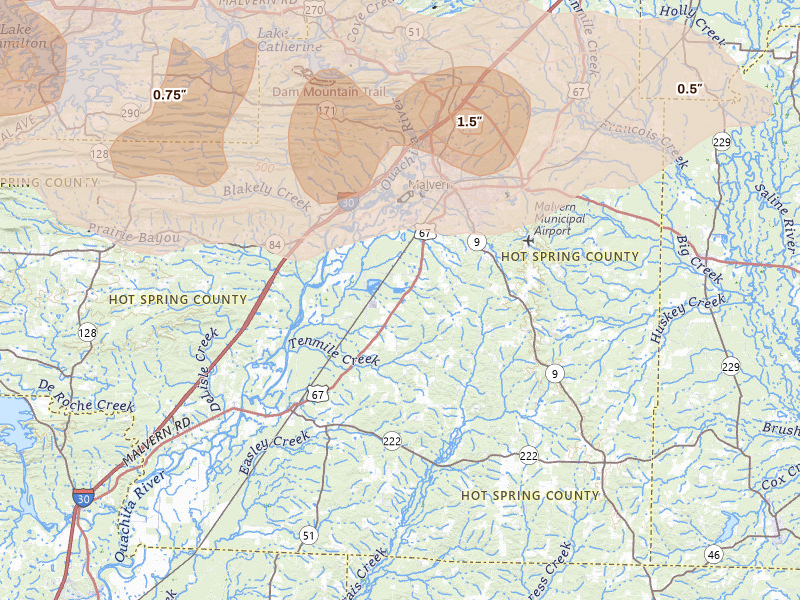 Radar-estimated hail-size map of the storm over Malvern, AR on May 5, 2026
