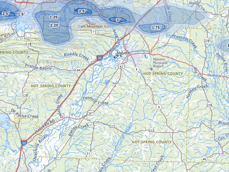 NEXRAD radar-signature map of the hail storm over Malvern, AR on May 5, 2026