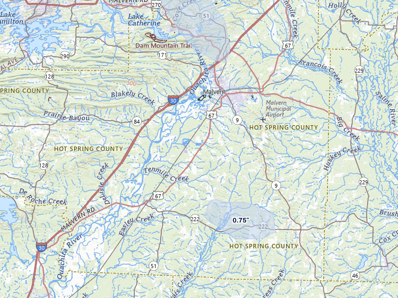 NEXRAD radar-signature map of the hail storm over Malvern, AR on Jul 1, 2026