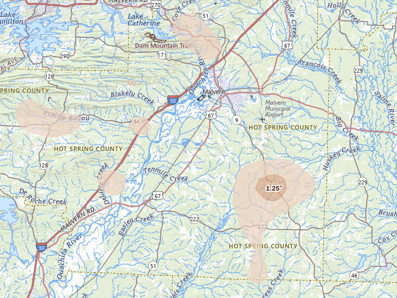 Radar-estimated hail-size map of the storm over Malvern, AR on Jul 4, 2026