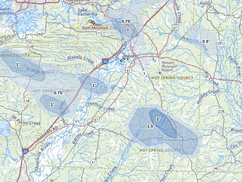 NEXRAD radar-signature map of the hail over Malvern, AR