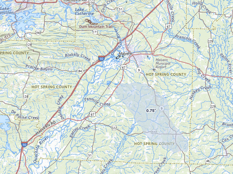 NEXRAD radar-signature map of the hail storm over Malvern, AR on Jul 8, 2026