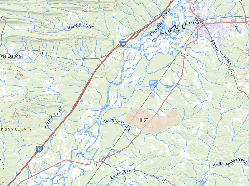 Radar-estimated hail-size map of the storm over Malvern, AR on Aug 18, 2026