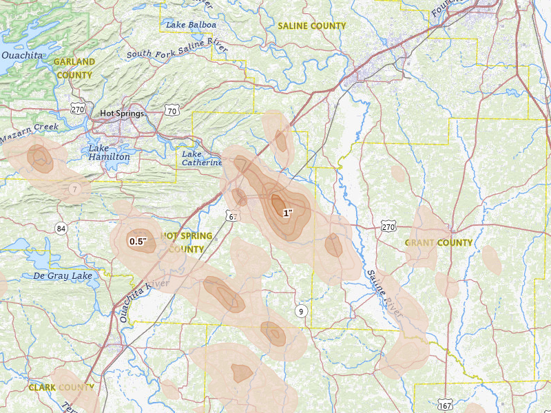 Radar-estimated hail-size map of the storm over Malvern, AR on Aug 20, 2026