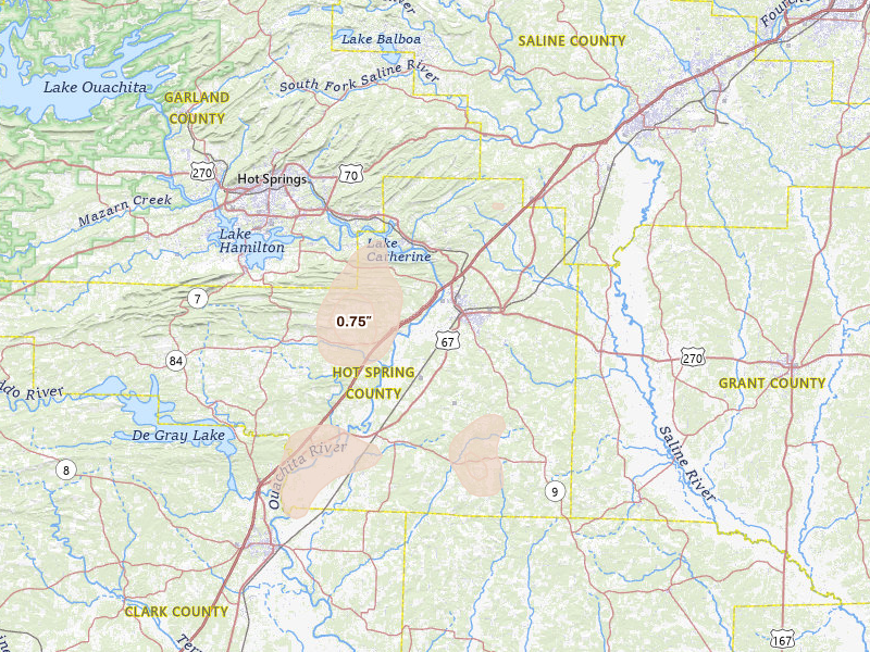 Radar-estimated hail-size map of the storm over Malvern, AR on Aug 26, 2026