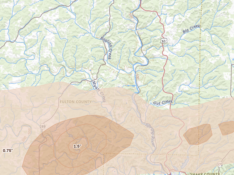 Radar-estimated hail-size map of the storm over Mammoth Spring, AR on Mar 4, 2026