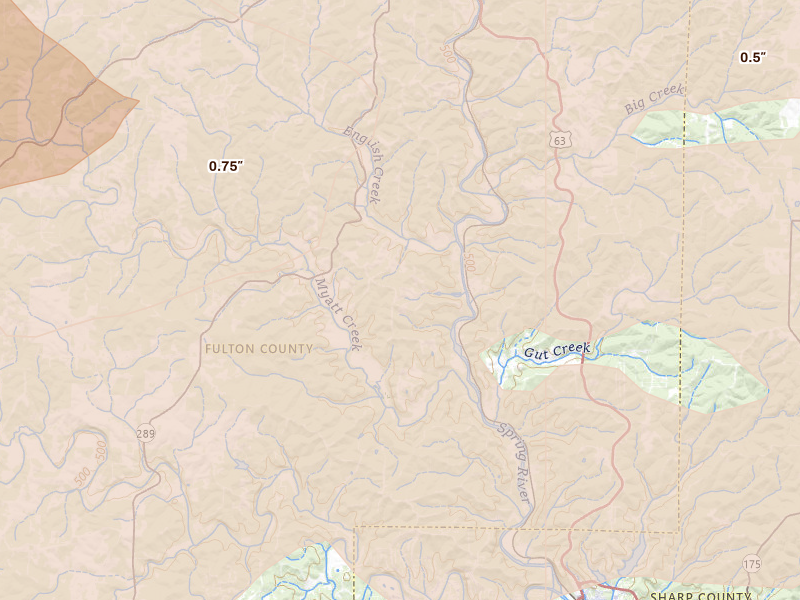 Radar-estimated hail-size map of the storm over Mammoth Spring, AR on Apr 27, 2026