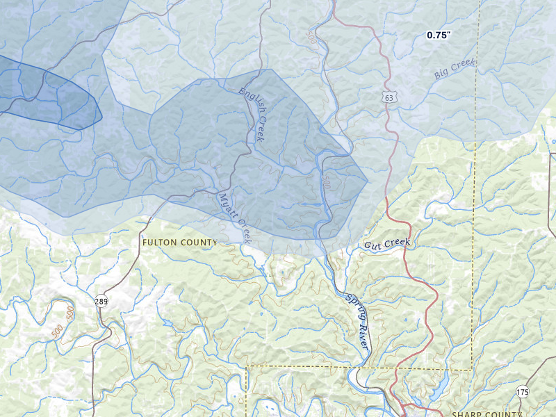 NEXRAD radar-signature map of the hail over Mammoth Spring, AR