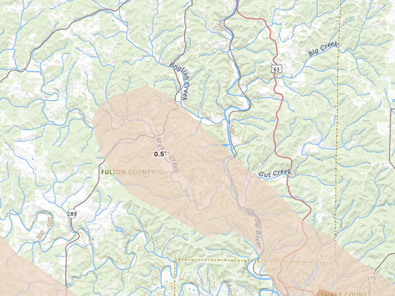 Radar-estimated hail-size map of the storm over Mammoth Spring, AR on Jun 1, 2026