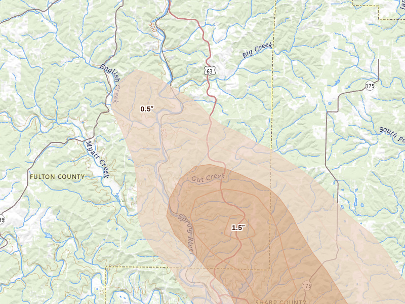 Radar-estimated hail-size map of the storm over Mammoth Spring, AR on Aug 22, 2026