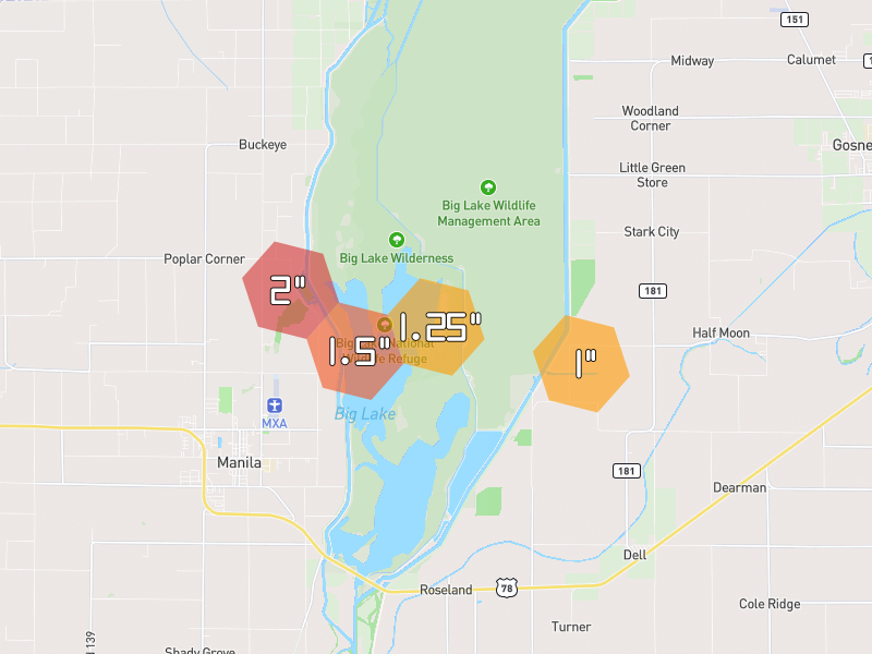 Hail map of Manila, AR on Jul 11, 2026, hail up to 2"