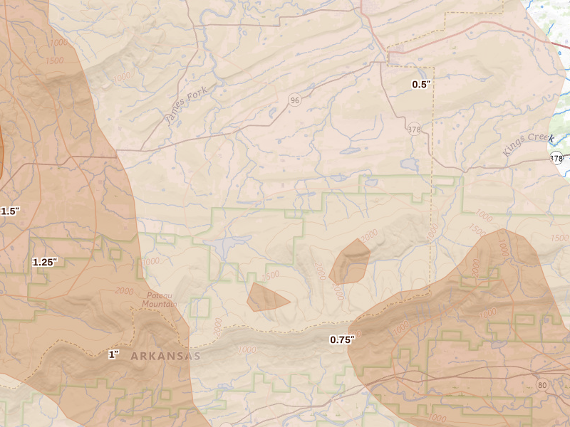 Radar-estimated hail-size map of the storm over Mansfield, AR on Apr 25, 2026