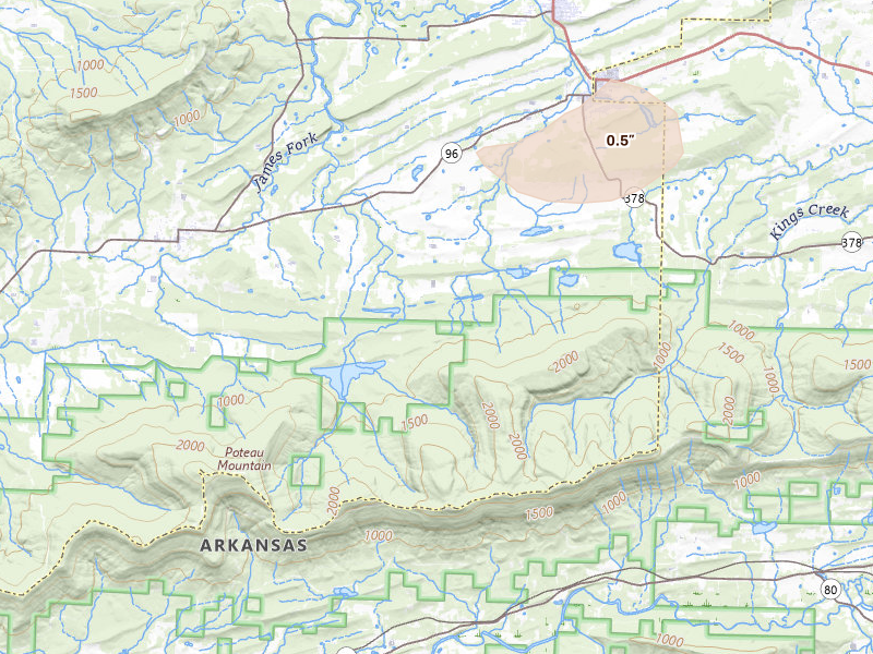 Radar-estimated hail-size map of the storm over Mansfield, AR on Aug 26, 2026