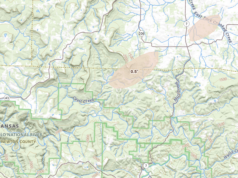 Radar-estimated hail-size map of the storm over Marble Falls, AR on Mar 15, 2026