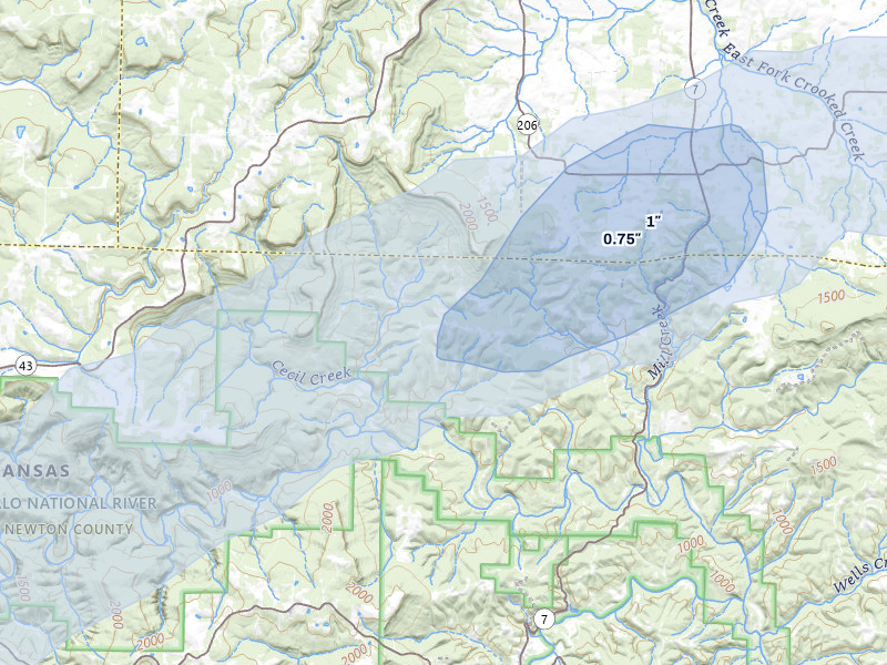 NEXRAD radar-signature map of the hail over Marble Falls, AR