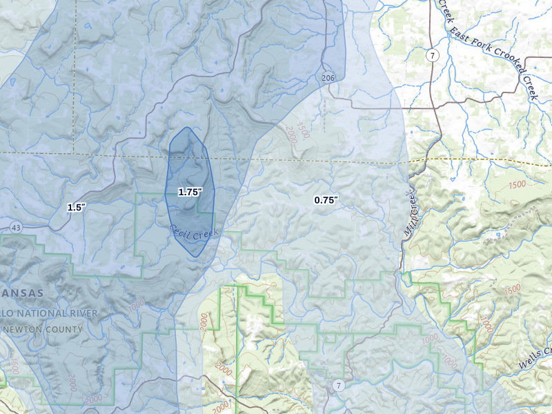 NEXRAD radar-signature map of the hail over Marble Falls, AR
