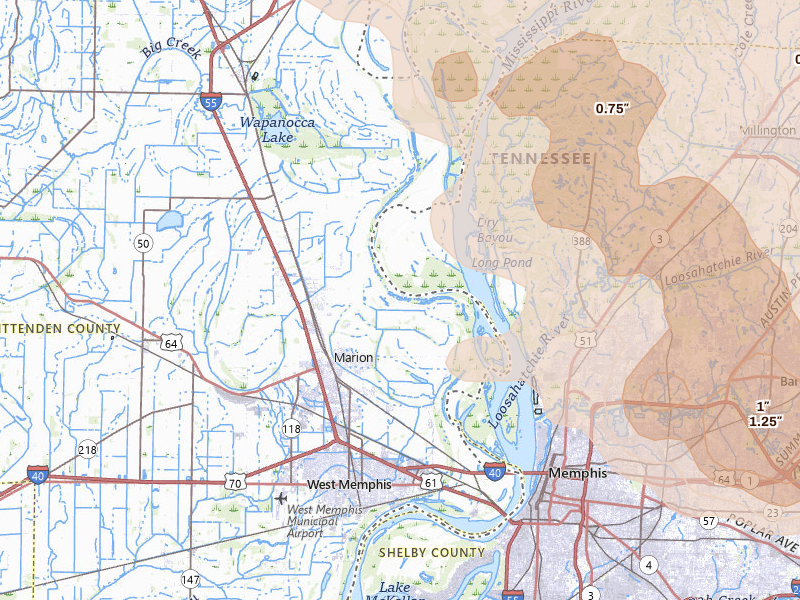 Radar-estimated hail-size map of the storm over Marion, AR on Apr 27, 2026